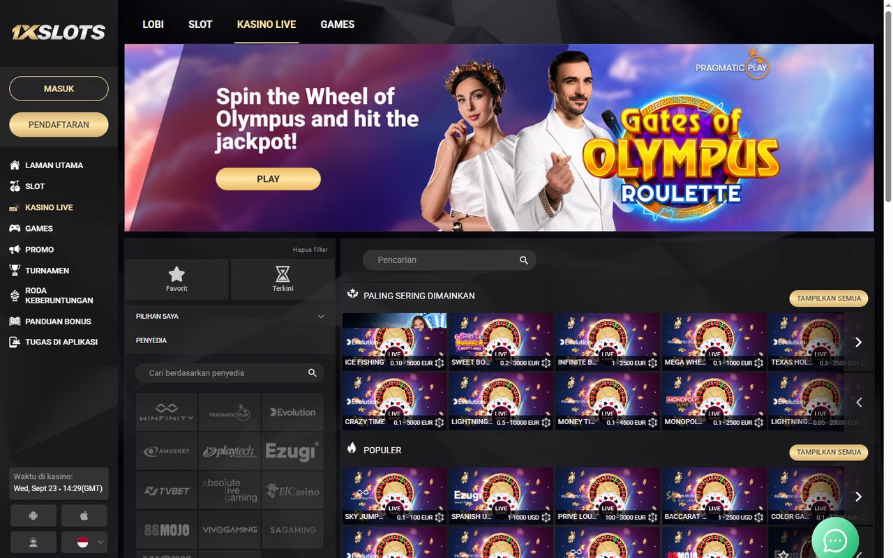 Kasino live 1xSlots: meja dealer dan bagian permainan