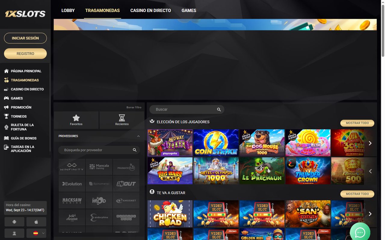 Lobby de tragamonedas de 1xSlots: mosaicos de juegos y filtros
