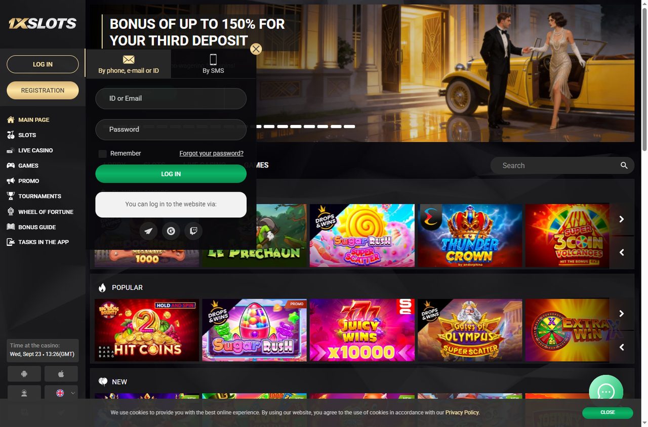1xSlots login form: login and password fields