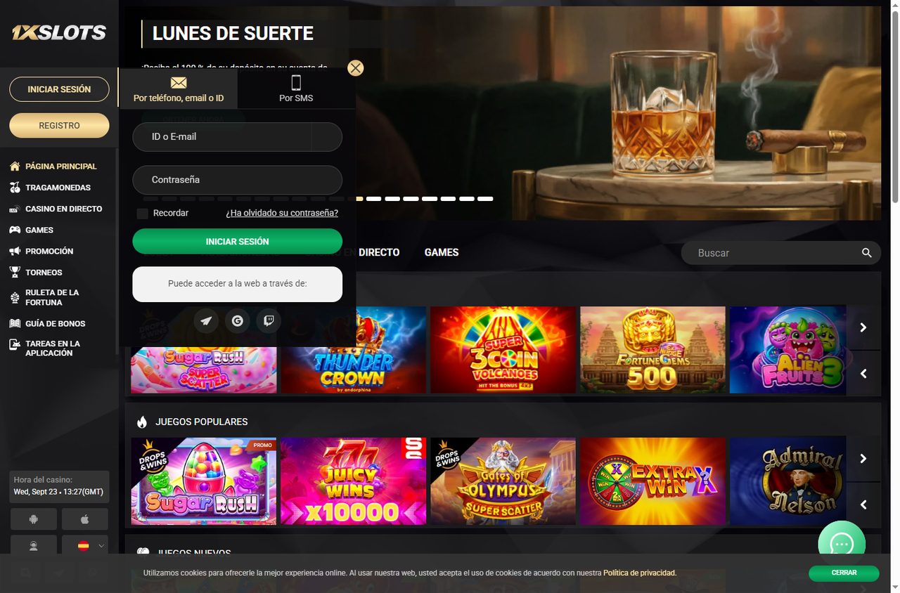 Formulario de acceso de 1xSlots: usuario y contraseña