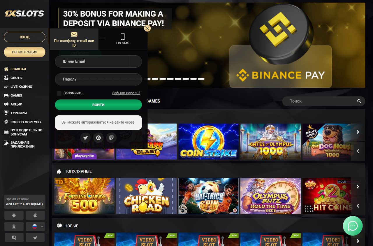 Форма входа 1xSlots: поля логина и пароля