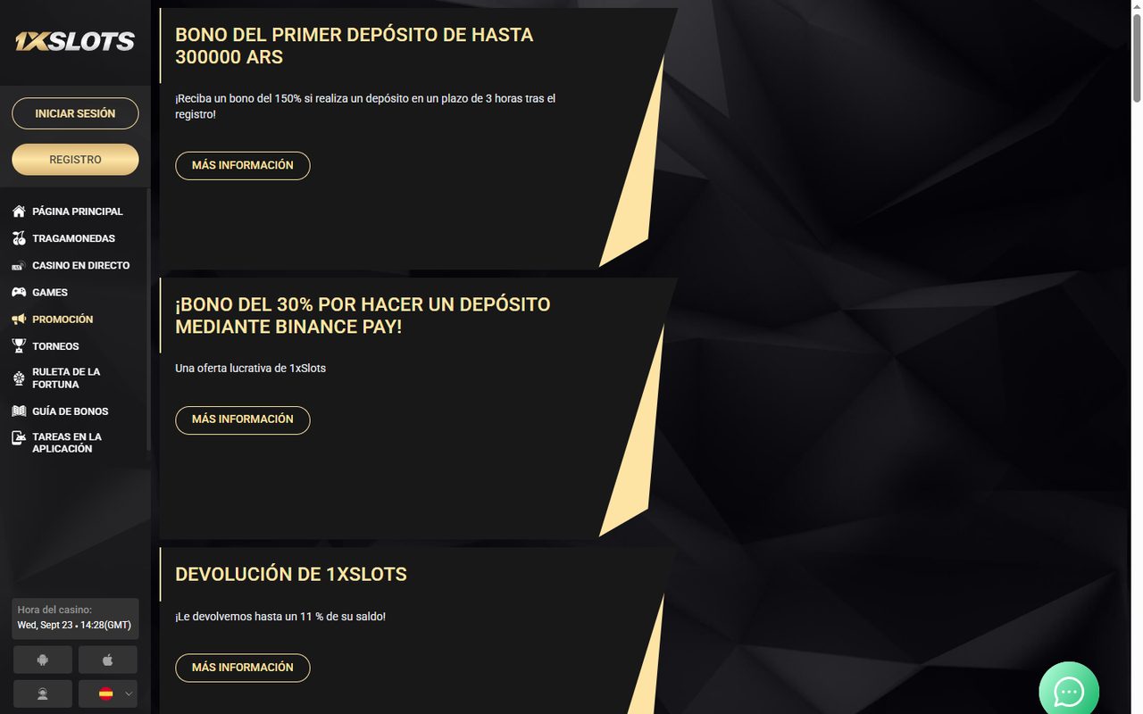 Página de promociones de 1xSlots: tarjetas de bonos