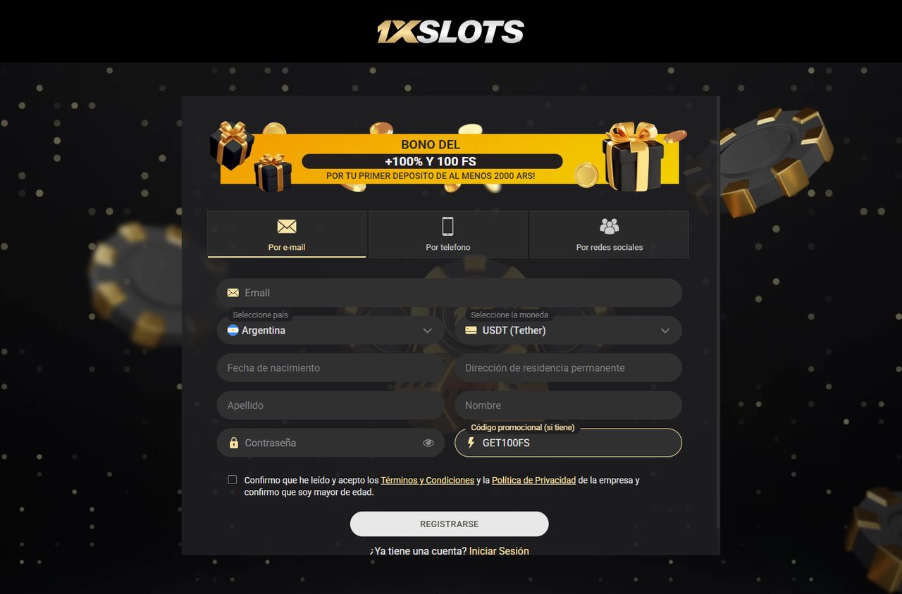 Registro en 1xSlots: país Argentina, moneda USDT y código GET100FS en el campo