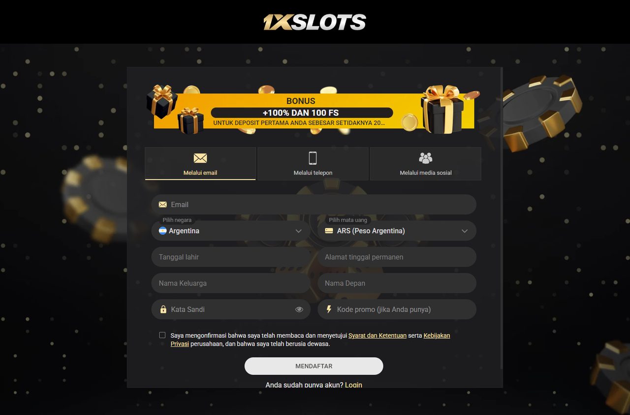 Formulir pendaftaran 1xSlots: email, telepon, media sosial